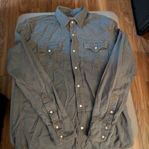 True Religion Western Style Shirt Mens XL Pearl Snap Blue Button Up READ